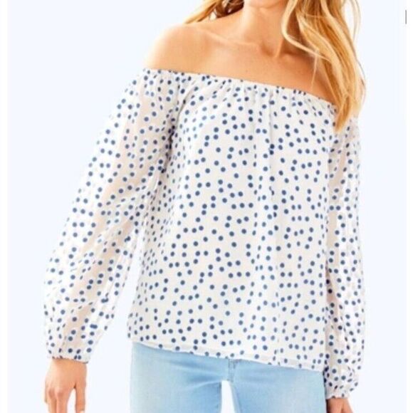 LILLY PULITZER Lou Lou Top In Bennet Blue Polka Dot Off The Shoulder Size‎ XS - Picture 1 of 6